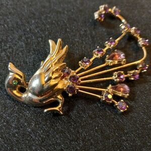 Peacock Gold Tone Metal Purple Rhinestones Brooch  Cottagecore Grandmacore